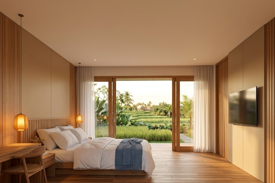 Villa bedroom — soft tropical daylight and calm interiors